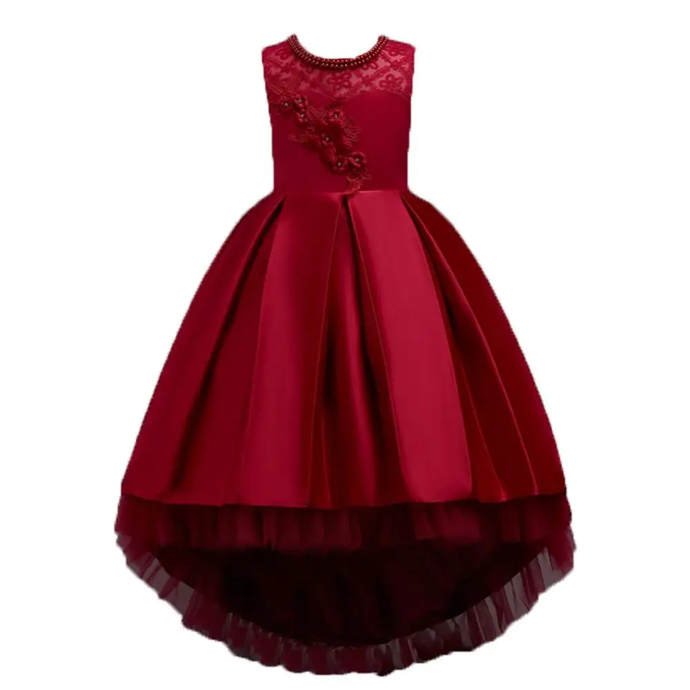

European style kid Bridesmaid Dress baby girl red party dress for 3years old bead design kid long tail dress for birthday, Purple;gray;green;pink;claret;dark blue