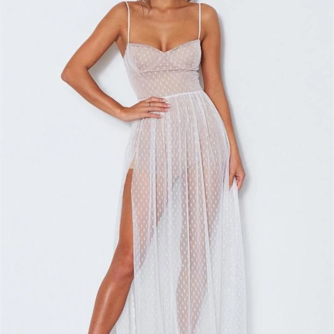 

The New Popular 2019 Sexy Condole Belt Net Yarn Wave Side Split Women Dresses, Picture color