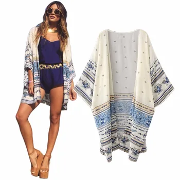 Women Kimono Cardigan Summer Chiffon Blouse Top Printing Long Loose Beach Cover Up Yellow Buy Vintage Women Chiffon Kimono Cardigan Ethnic Boho