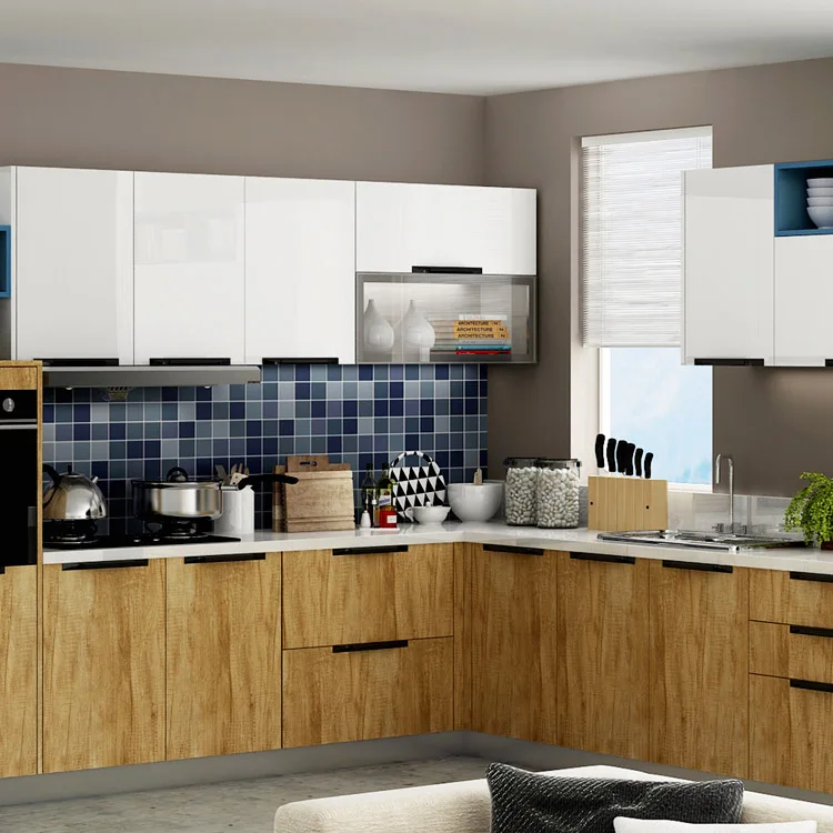 Cheap wood veneer modular prefab modern kitchen cabinets set with island