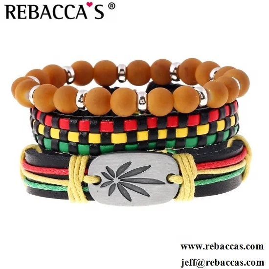 

Handmade Jamaica Jewelry Red Yellow Green Weed Leaf Design Braided Leather Bracelets, As pictures