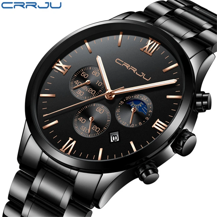 

CRRJU New Chronograph Sports Wrist Watch Gifts Alloy Case And Stainless Steel Band Fashion Classic Silver And Black Mens Watches