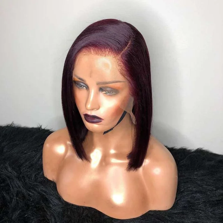 

Wholesale Short Wine Red Straight Cut Bob Virgin Brazilian Remy Human Hair Lace Frontal Wig