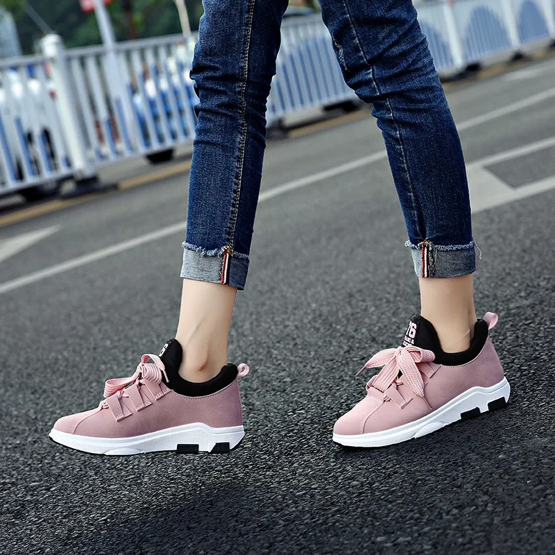 

Autumn Women PU Leather Pumps Shoes Round Head Heighten Slip-on Sneakers, Pink/black/green
