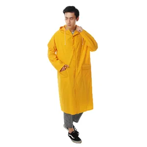 Image of Polyester Fabric PVC Rubber 0.28mm Yellow Army Green Heavy Duty Long Adults Mens Raincoat with Hood zipper custom logo HCY611