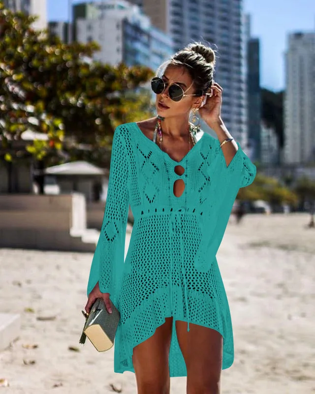 

2019 Sexy Beach Dress Cover Ups Hollow Crochet Knitted Beachwear Dresses Tunic Solid Long Pareos Summer See-through Sundress, Flower