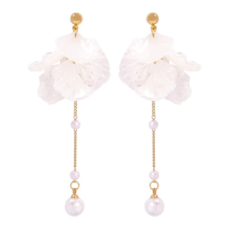 

Korea Temperament White Flower Petals Pearl Long Earrings Vintage Ladies Drop Earrings Jewelry (SK572), As picture