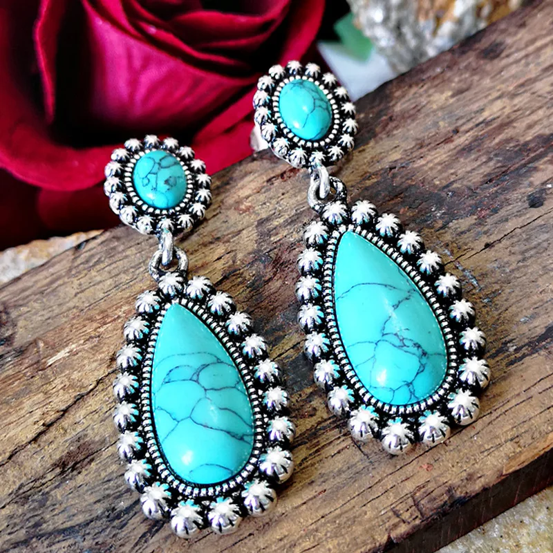 

2019 Fashion Design Statement Turquoise Waterdrop Earrings Silver Flower Plated Round Dangle Earring For Wedding, Picture