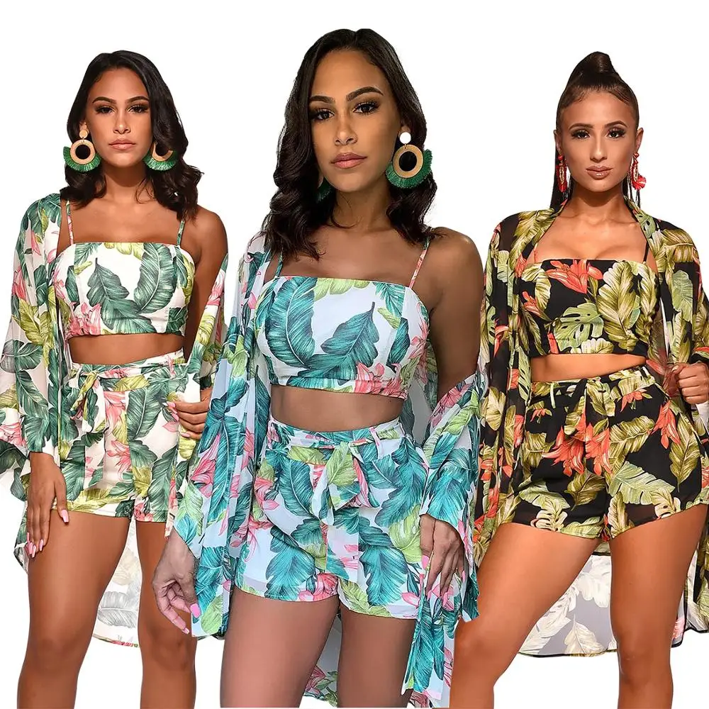 

M2135 Summer crop top and shorts with cover up chiffon printed sets, N/a