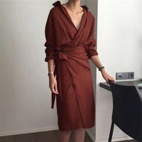 

Autumn Women's Solid Dresses Long Sleeve Bandage V Neck High Waist Midi Shirt Dress Female Elegant Korean AX3174027