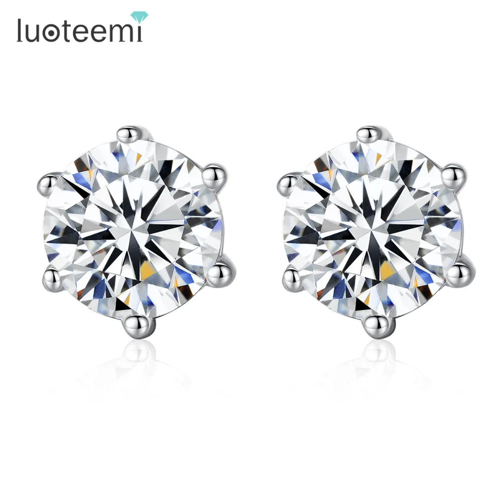 LUOTEEMI Luxury 5mm1 Carat Round Eight And Hearts Zirconia Classic 6progs 925 Sterling Silver Stud Earring For Women