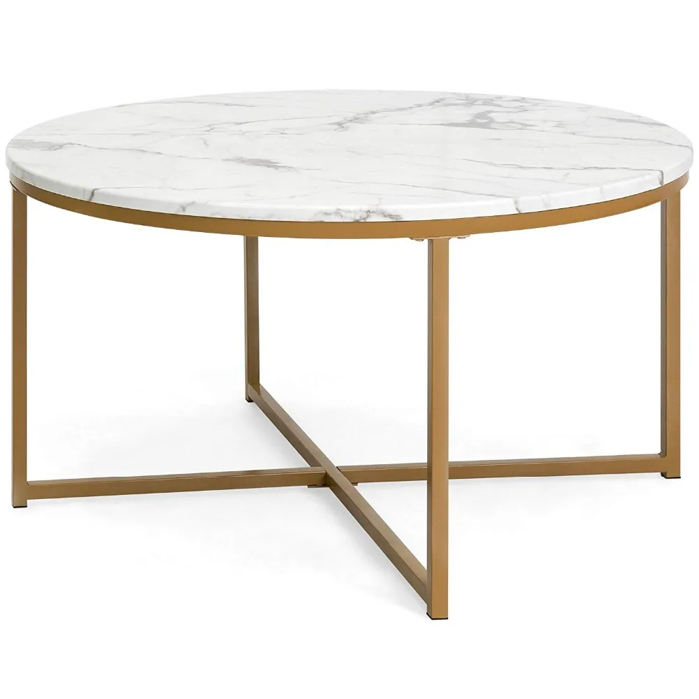 Round Faux Marble Veneer Mdf Top Coffee Table End Table With Gold