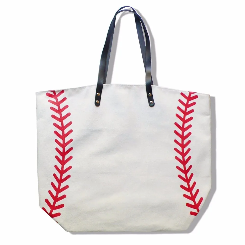 

X Large Softball Lace Stitching Print Baseball Canvas Cotton Shopping Tote Bag, White color or other customized pantone color