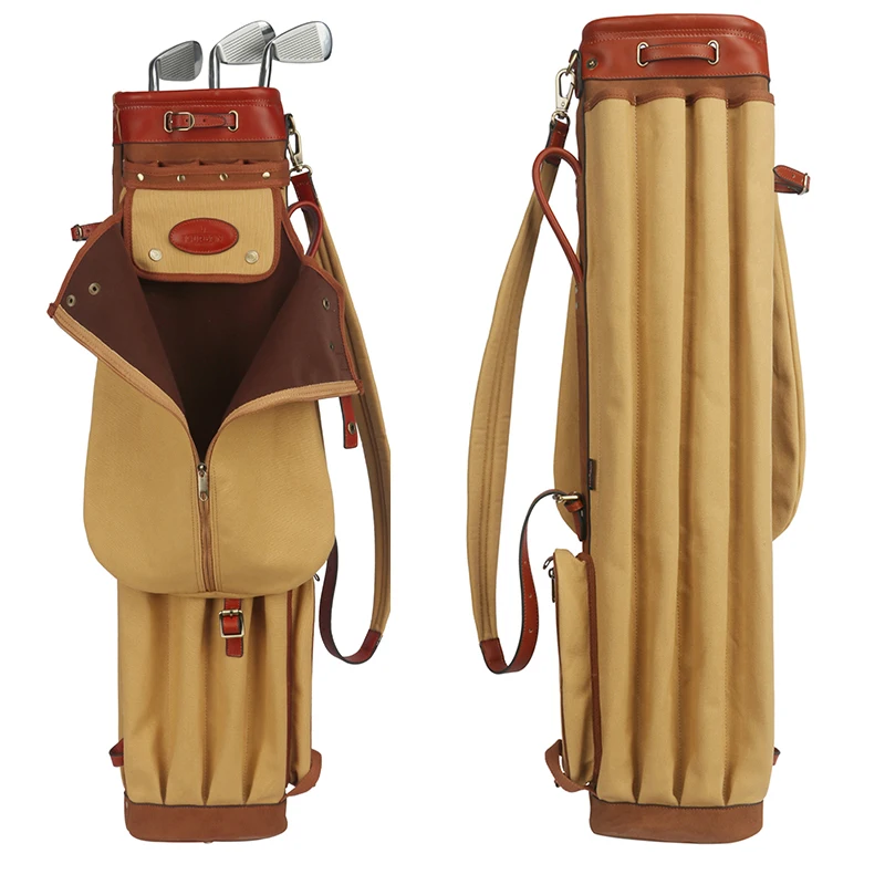 

Canvas and Leather Golf Bag Club Bag Golf Range Pencil Bag with Ball Pocket, Khaki