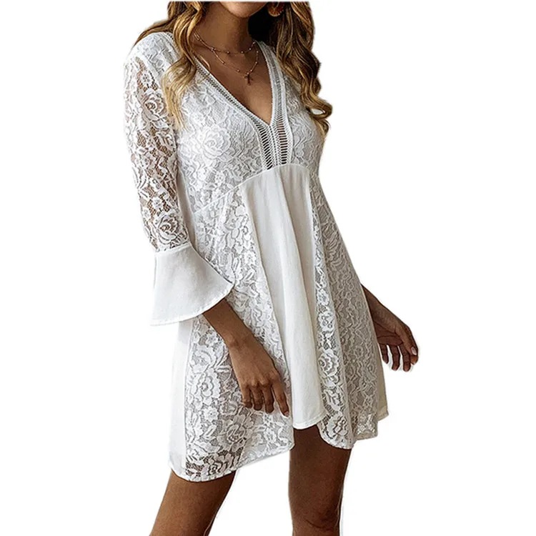 

2019 Clothing New Design Women's Dress Sexy V-neck Half sleeve White Lace Patchwork mini Casual dress