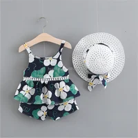 

2019 summer New girls' Clothing set Cotton floral suspenders+embroidered shorts set with straw hat Factory direct More style