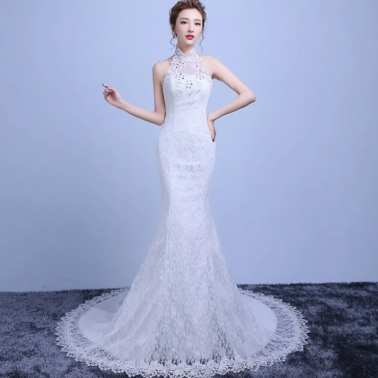 2016 Fashion Halter Lace Slimming Fish Tail Wedding Dress Mermaid