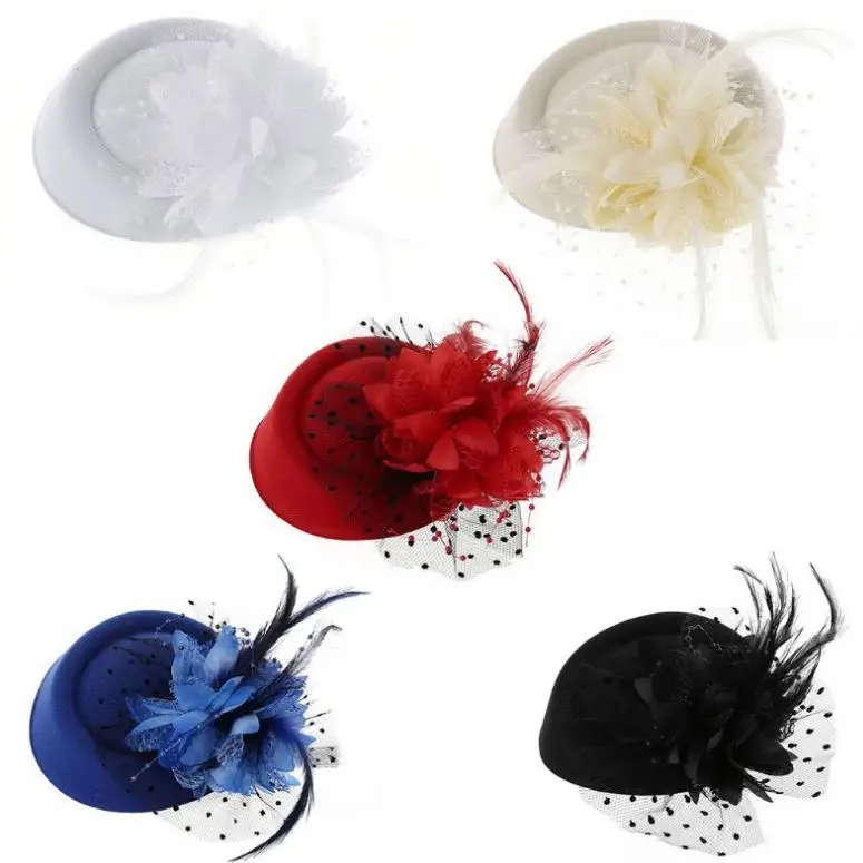

Vintage woolen hat pearl feather flower hair clip black dot large mesh headdress veil, Picture