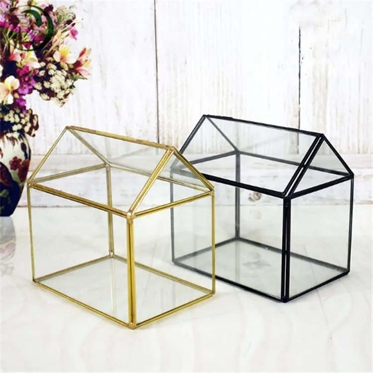 Gold/ Black House Shaped Glass Box Flower Pots Planters Succulents Geometric Terrarium Glass