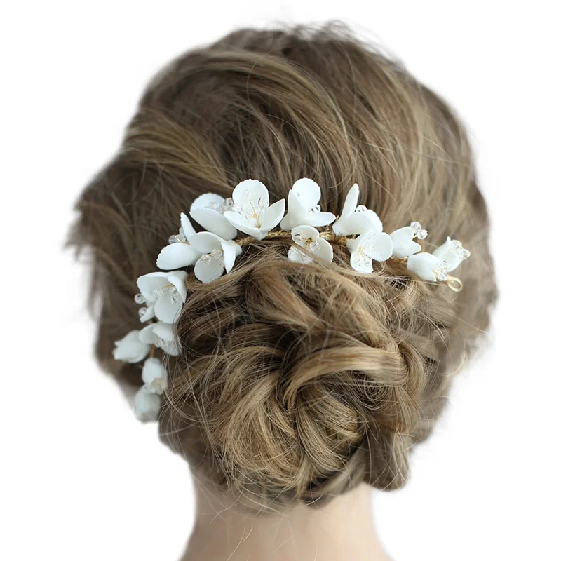 

Elegant Wedding Headpiece Bridal Hair Accessories White Ceramic Flower Jewelry Earring Bridal Hair Comb, Kc gold plating