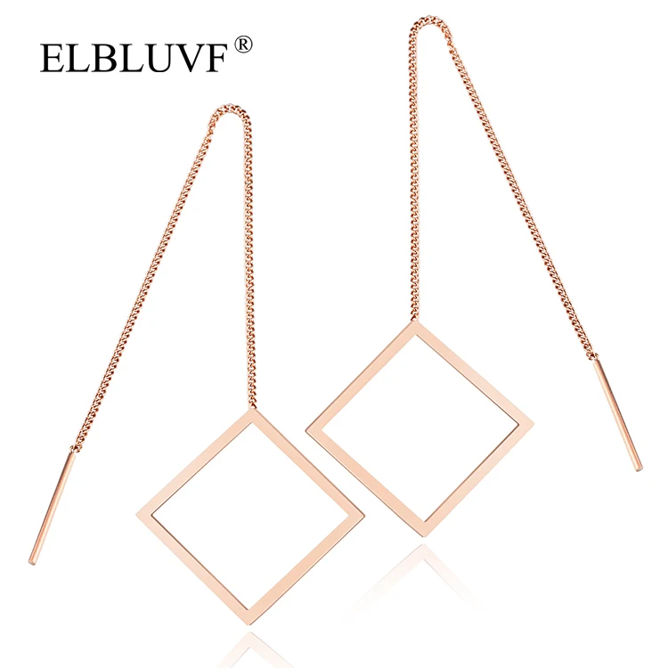 

ELBLUVF Free Shipping Stainless Steel Jewelry Rose Gold Plated Hollow Square Shape Tassel Big Earrings