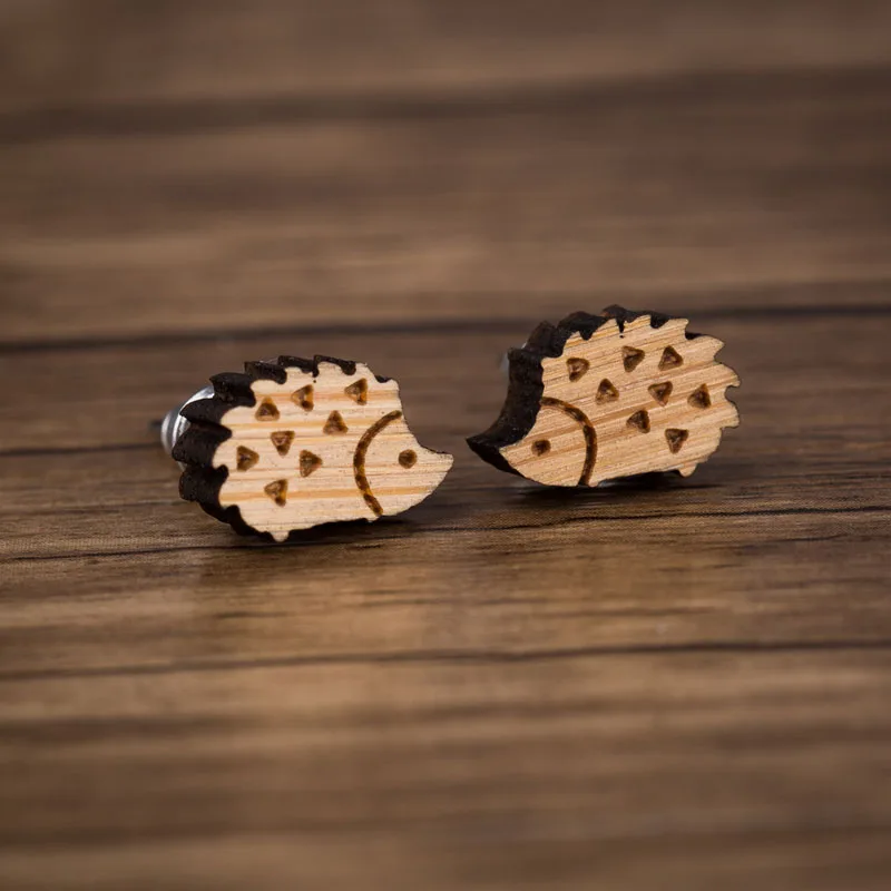 

Natural Wood Engraved Caved Hedgehog Animal Stud Earrings Korean Fashion Cute Tiny Minimalist Jewelry Wooden DIY Ear Accessory, Picture