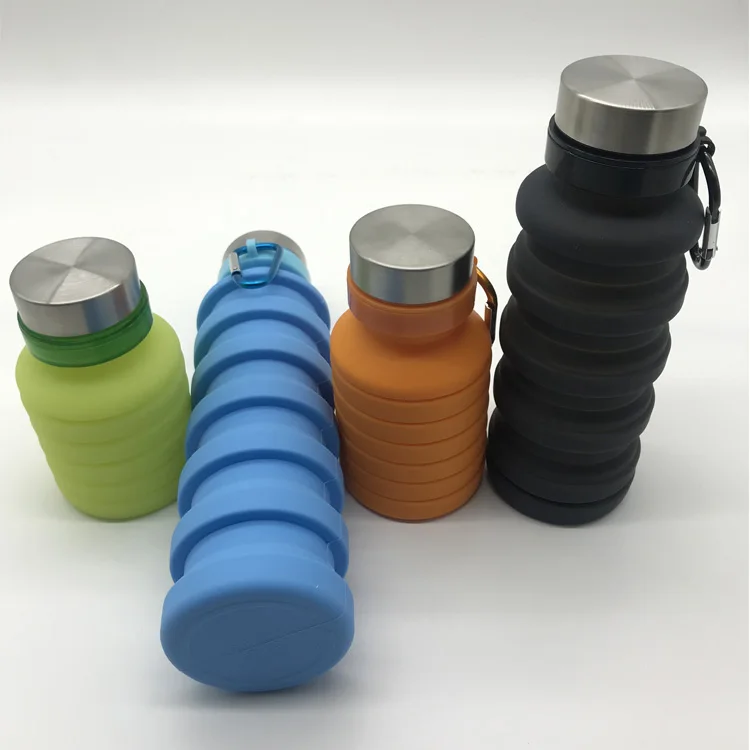 

Amazon Hot Seller Food Grade Collapsible Water Bottle Reusable Foldable Silicone Bottle, Blue;orange;green and black