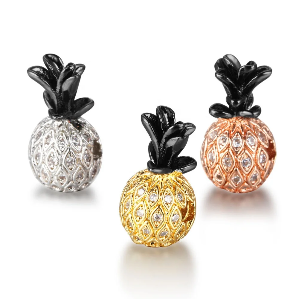 

Gold Plated Micro Pave Spacer Brass Cubic Zirconia Pineapple Charm Beads DIY Bracelet Making Accessories, Gold/silver/rose gold/black