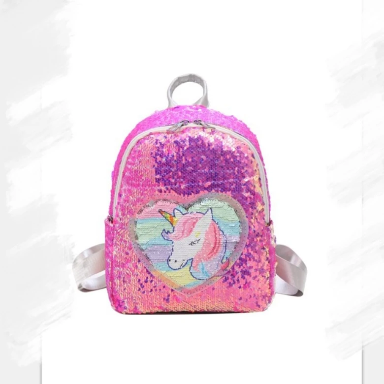 

High quality kids girl cute pink unicorn patterns shining sequin backpack bag, Customized