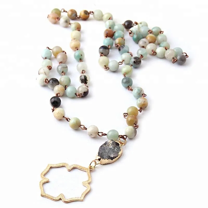 

Women StatementNecklace Rosary Chain Natural Amazonite Stone necklace Natural Irregular druzy link Metal flower Pendant Necklace, Matt or shiny stone