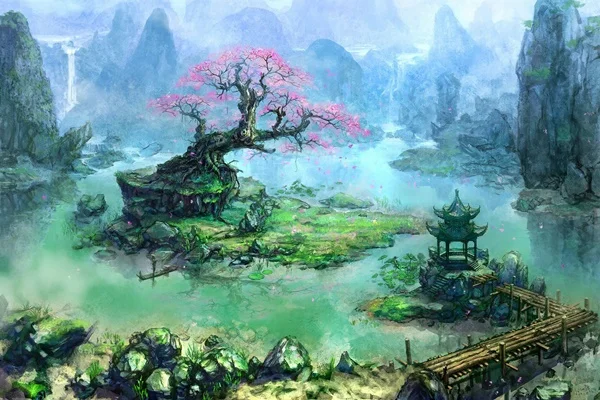 Painting Artwork Fantasy Art Trees Asian Architecture Bonsai Waterfall River Pier 4 Sizes Home Decoration Canvas Poster Print Asian Home Decor Olivia Decor Decor For Your Home And Office