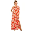 summer woman casual hot style Flame Red Palm Print One Shoulder Maxi neon Dress