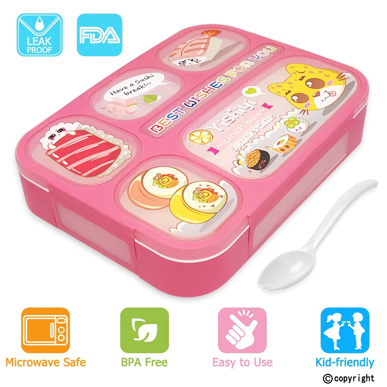 BPA Free Bento Lunch Box Microwave Dishwasher Safe Stainless Steel 1L Leakproof Bento Box 3 Compartments Bento Box for Adults Kids with Fork /& Spoon