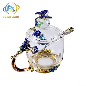Image of Best selling enamel household crystal glass flower tea cup with lid set