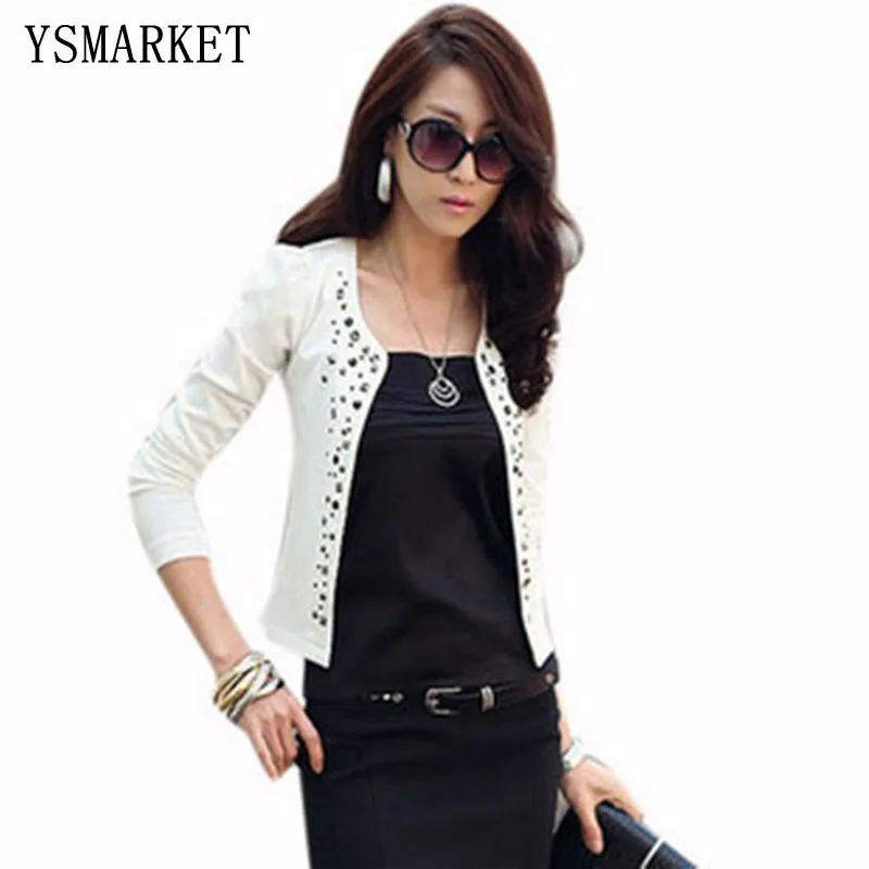 

Women Shrug Suits Jacket Spring Autumn Thin Rhinestones Rivet Open Front Short Cotton Blended Office Blazers Cardigan