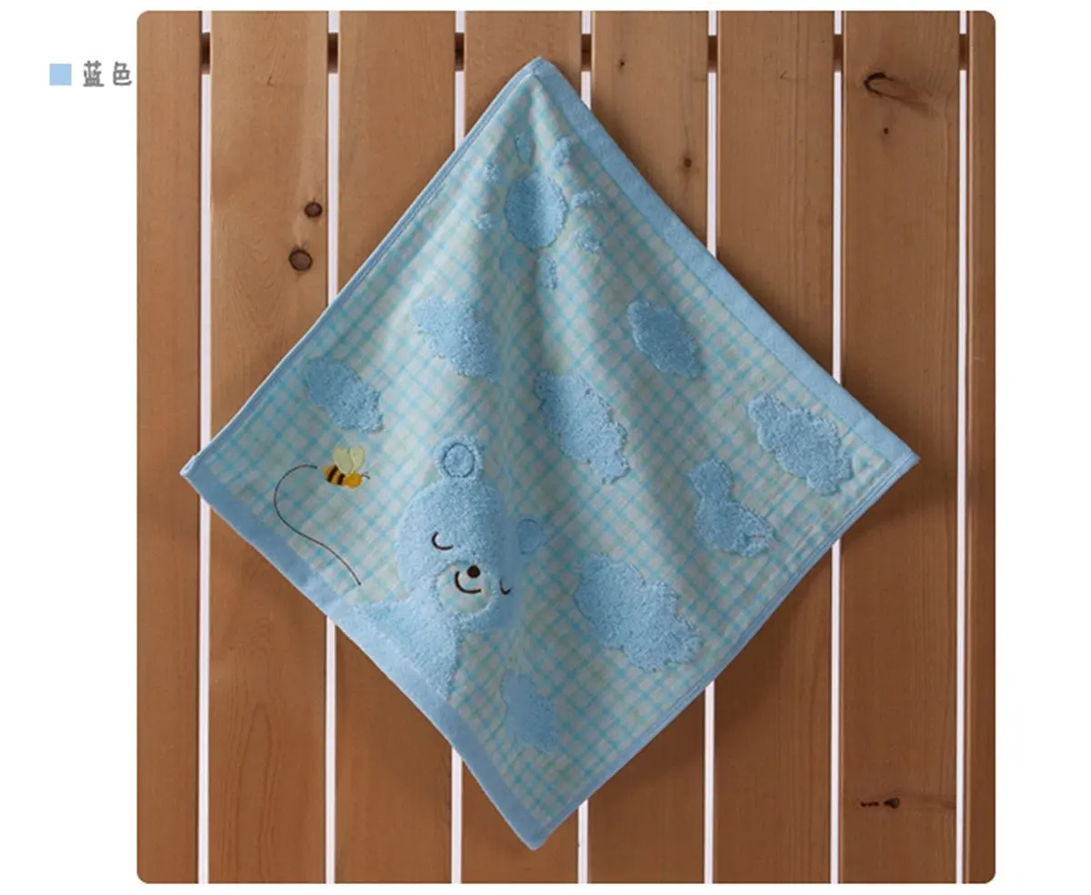 AnHua G1572 Lovely Cartoon Rabbit Animals Pattern Baby Kid Bathroom Hand Face Towels 35cm×35cm Square Cloth Blue/Yellow/Pink 100% Cotton Soft Touch First Class Product (Blue)
