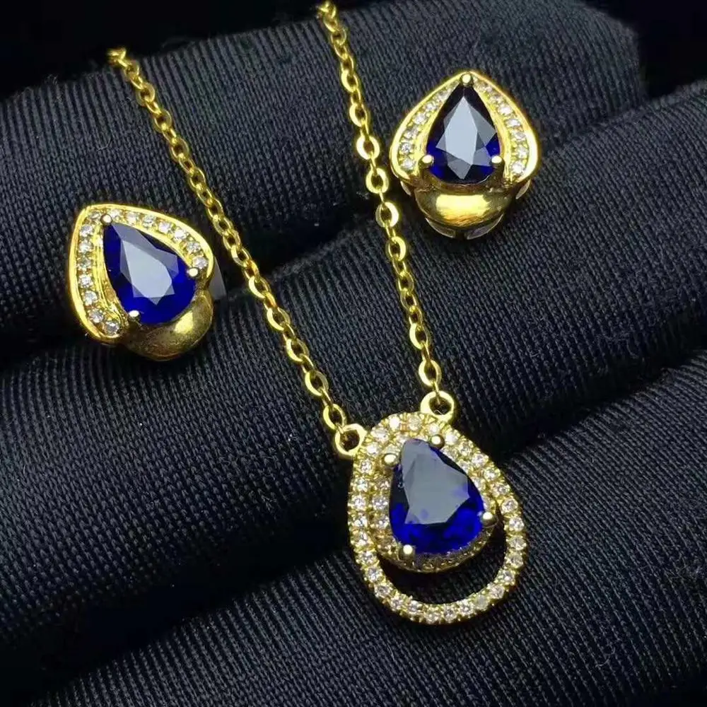 

New Trend Cheap Wholesale Fashion Jewelry Natural Sapphire Jewelry Set Gold Plated Necklace, Blue