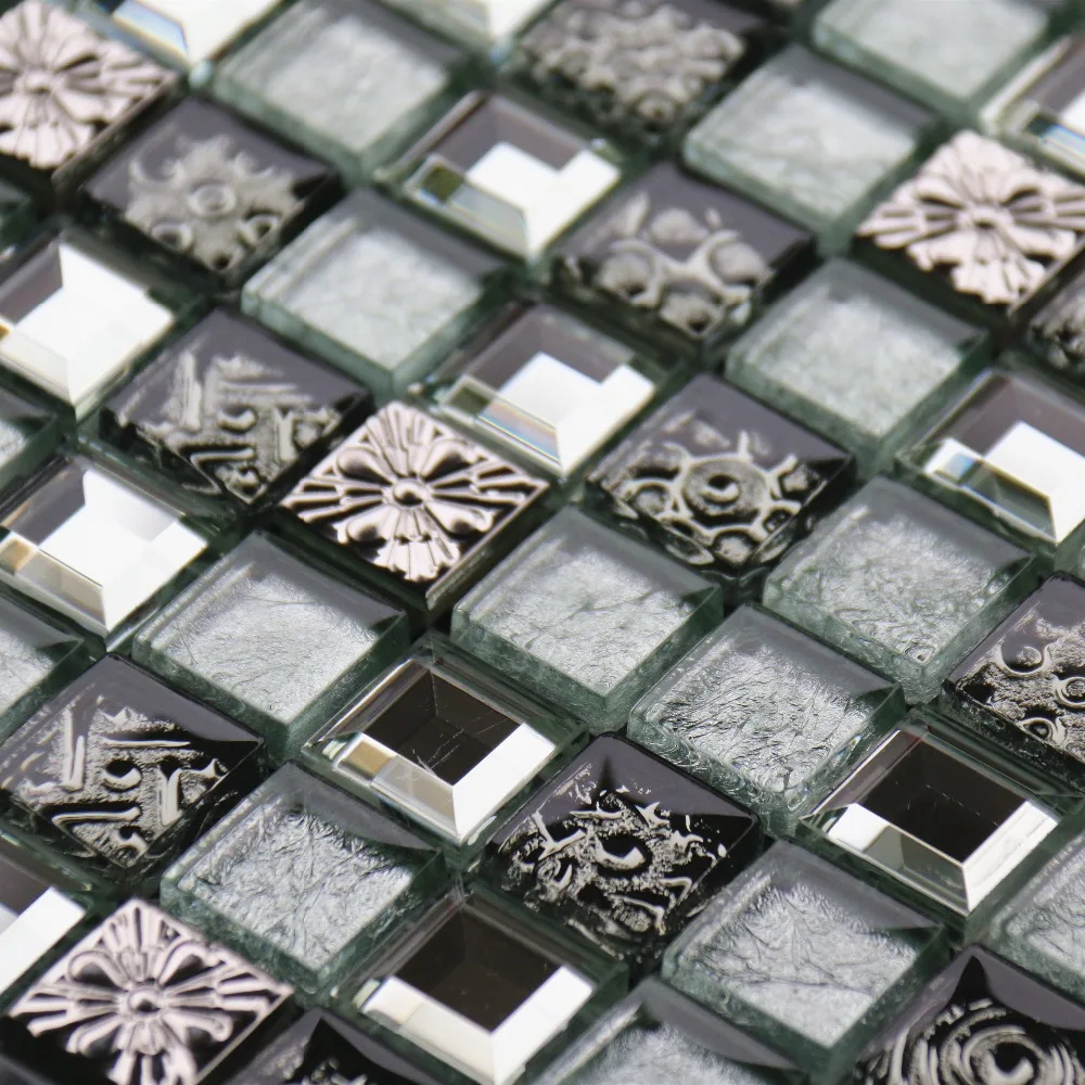 BSJ156 Decorative stainless steel silver foil 3D mosaic glass tile