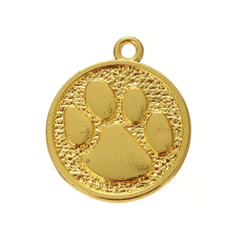 

DIY Engraved Logo Metal Zinc Alloy 18K Gold Animal Paw Print Round Jewelry Charm Pendant For Pet Necklace Bracelet Making, Golden