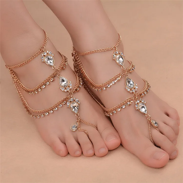 

Bohemian Newest Barefoot Sandals Fashion Foot Chain Jewelry Cristal Anklet With Toe Ring in Body Jewelry Foot For Women, Silver,gold