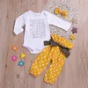 Fall new design baby girl clothes cotton long sleeve romper + yellow dot pants +hair band 3pcs kid girls clothing set