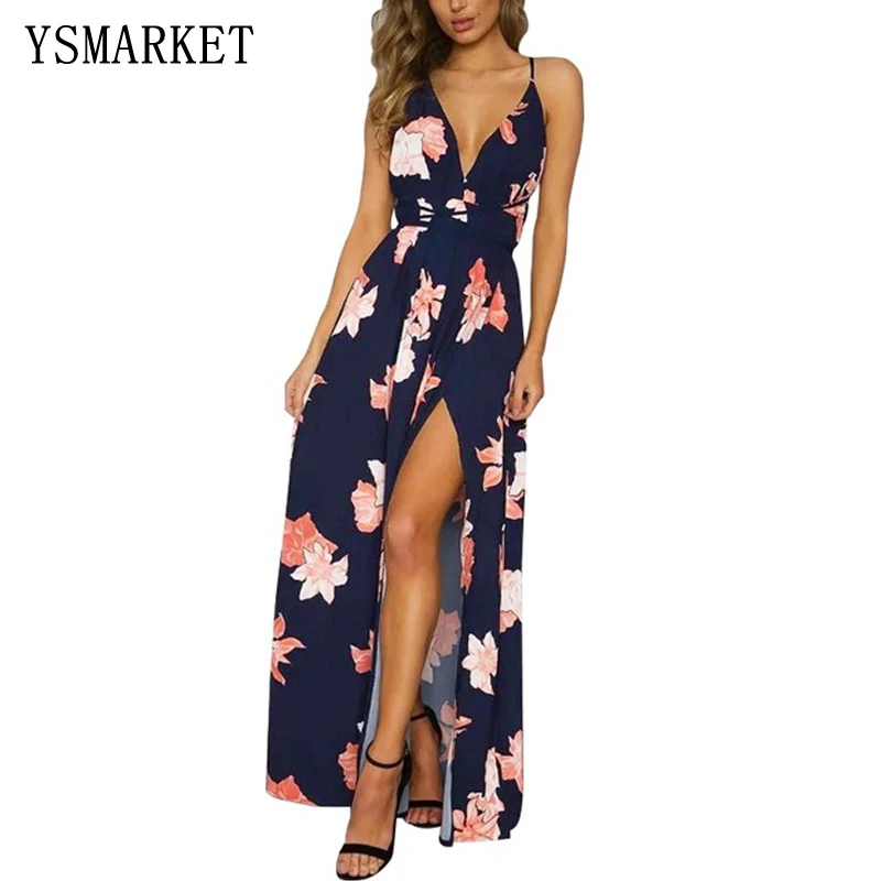 

Summer Vacation Casual Boho Print Long Dress Female Sexy Deep V-Neck Hollow Out Back Lace Up Halter Beach Dresses EBD7712, Yellow;grey;green;black;purple
