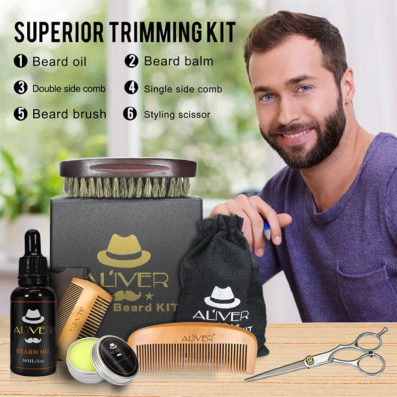 
New Arrival 6 Items Set Beard Brush Oil Balm Comb Beard Grooming Kit For Men 