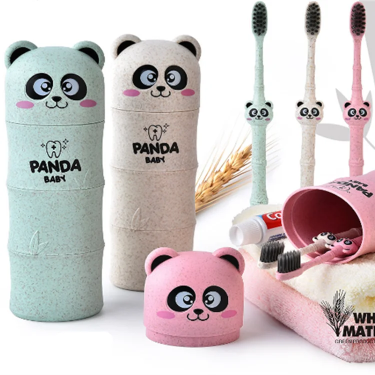 

Wholesale Wheat Fiber Eco-friendly Biodegradable Portable Panda Shape Kids Toothbrush Cup with 2 Toothbrush And Cup, White, green, pink