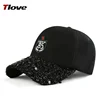 2017 Top sale cheap classic comfortable winter polyester 5 panels promotional sequins black baseball hat with metal buckle