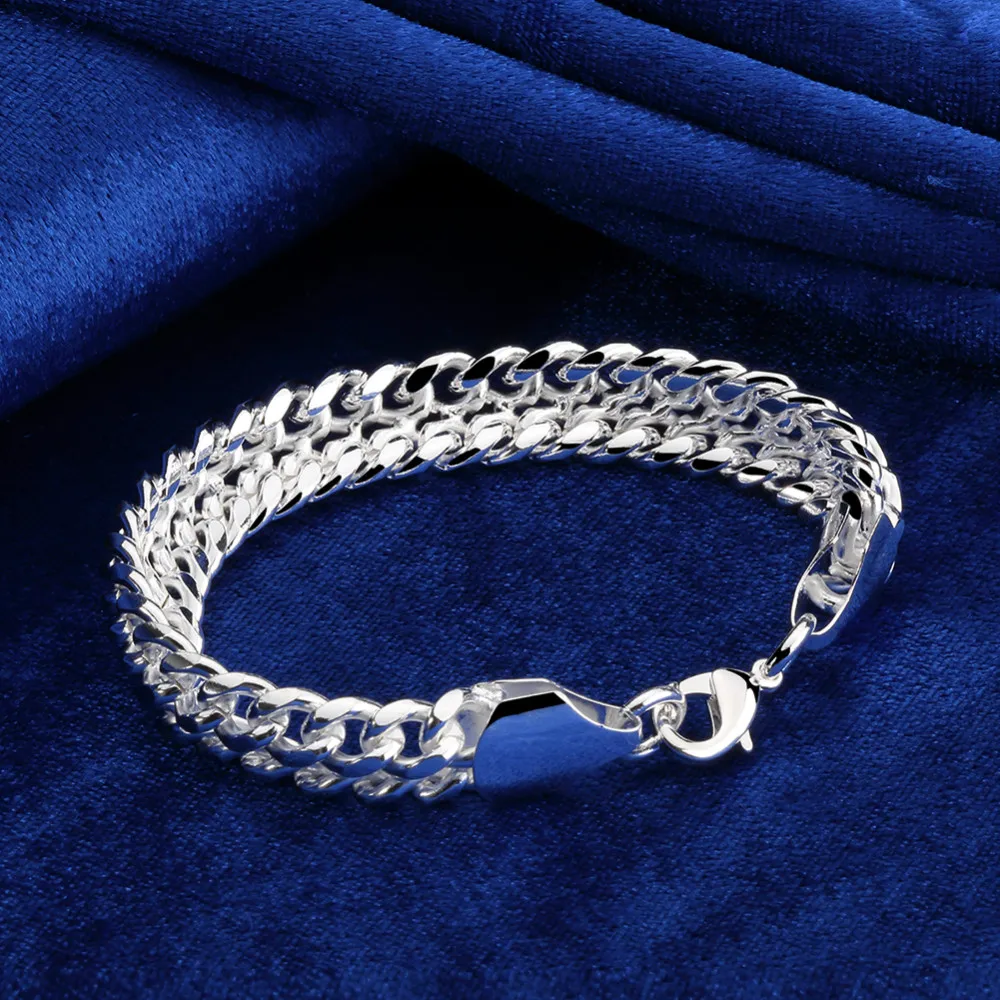 Hip Hop 7m Double Row 925 Sterling Silver Plated Curb Chain Bracelet ...