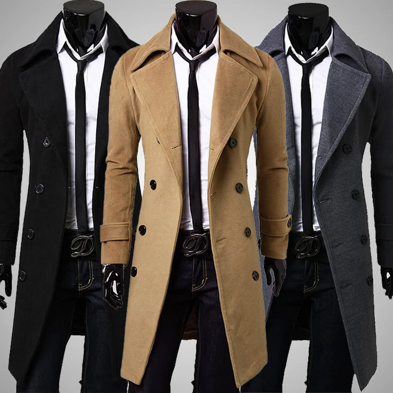 

ZY0848A Features long double-breasted mens trench coat, Black/gray/camel