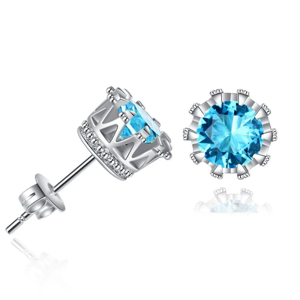 

Fashion Blue Crystal Rhinestone Earring For Women Silver Plated Crown Stud Earring, Picture