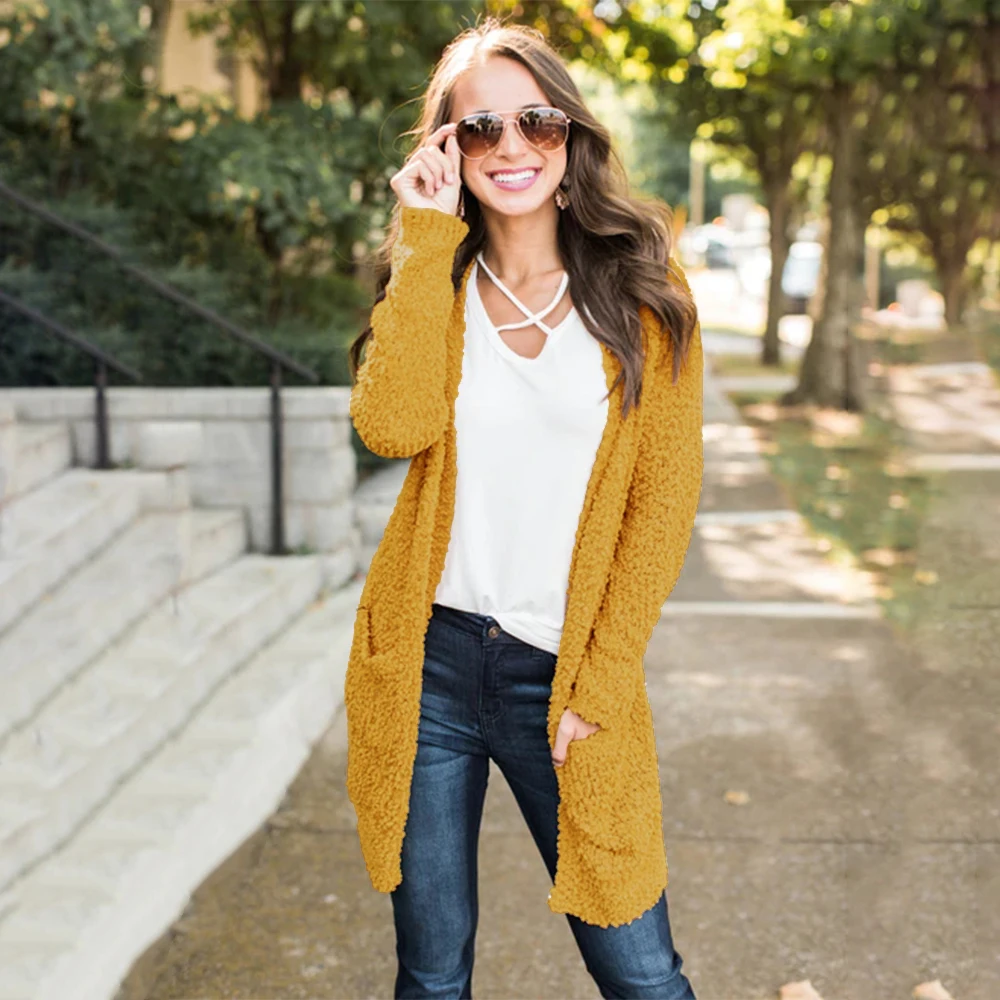 

Cozy Knit Blush Popcorn Chunky Open Cardigan with Front Pockets, As picture