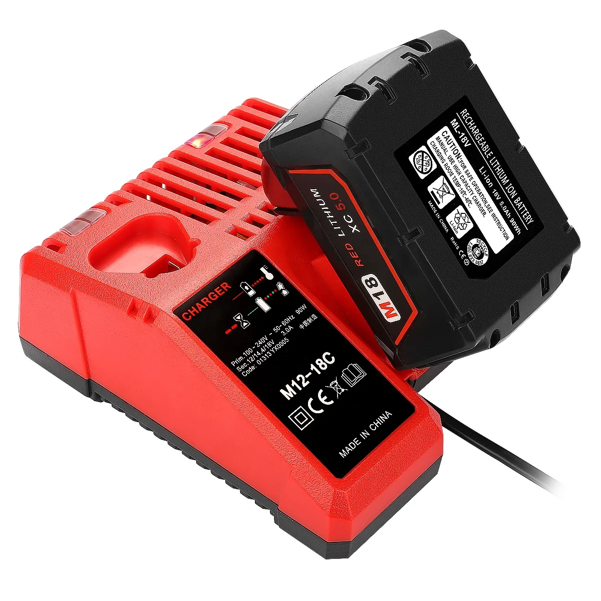 

100-240V Power Tool Battery Charger for Milwaukee 12V - 18V Battery Fast Charger, Red